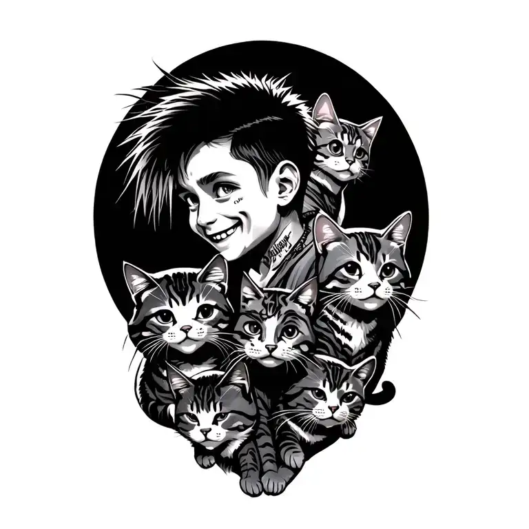Happy Punk Rock Boy With Gang Of Cats