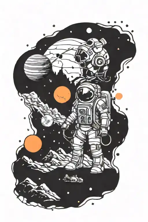 Trash Polka Astronaut Looking At Mountains Leading Into Space With Planets