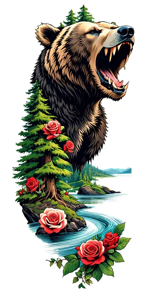 Growling Bear Head With Trees And River Flowing With Roses