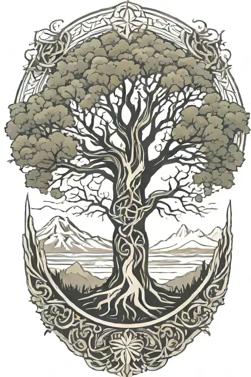 Tree Of Life Intertwined With Mountains And A River Without A Border