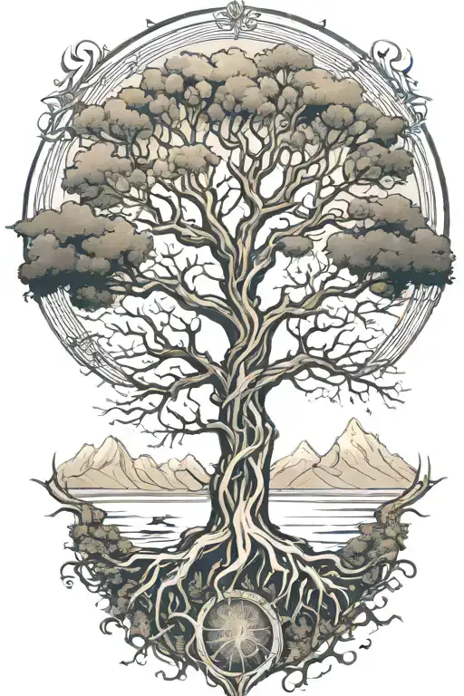 Tree Of Life Intertwined With Mountains And A River