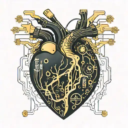 Black And Gold Realistic Heart Shaped Circuit Board With Gold Wires As Blood Veins