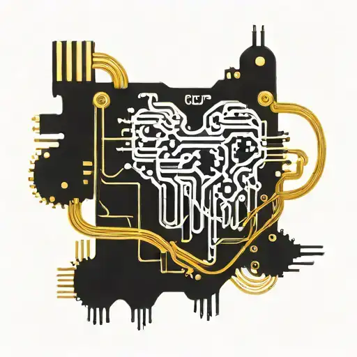 Black And Gold Circuit Board Connected By Wires To A Realistic Human Heart Blood