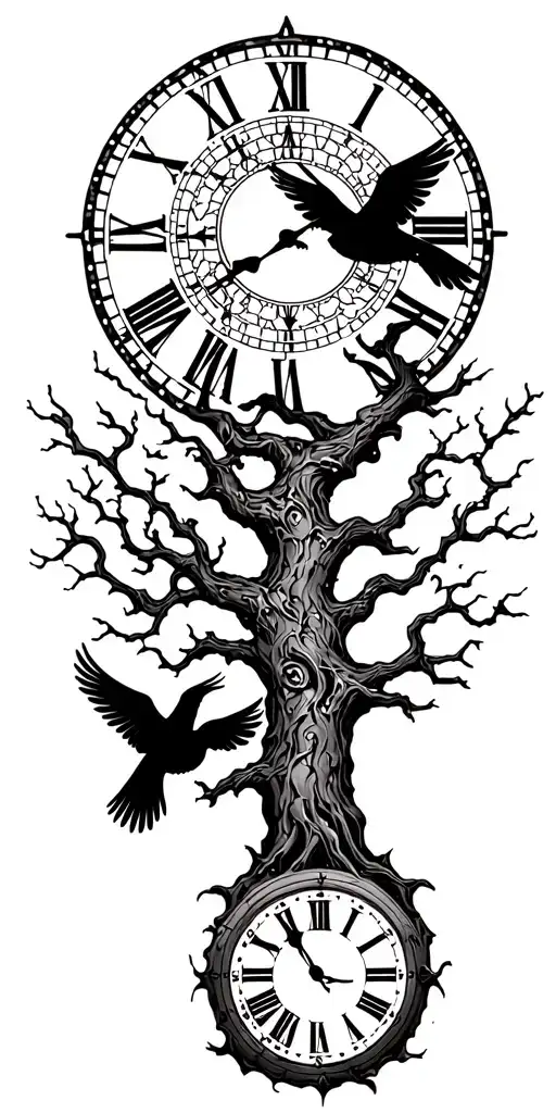 Tree And Clock And 3 Birds Flying Towards The Sun