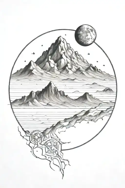 Moon And Mauntain With Long Straight Lines Above And Below