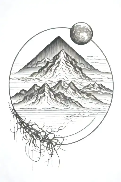 Moon And Mauntain With Long Straight Lines Above And Below