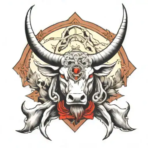 Taurus Zodiac Sign Top Left Chest Piece With Red Eyes And Mountains No Roses