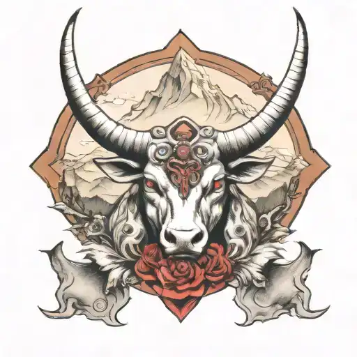 Taurus Zodiac Sign Top Left Chest Piece With Red Eyes And Mountains No Roses Smaller Horns