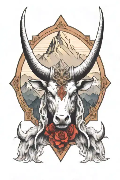 Taurus Zodiac Sign Top Left Chest Piece With Red Eyes And Mountains No Roses Smaller Horns