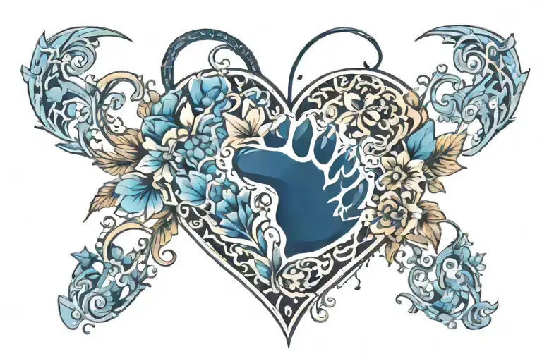 Blue Floral Heart Shaped With Cat Paws Inside Heart