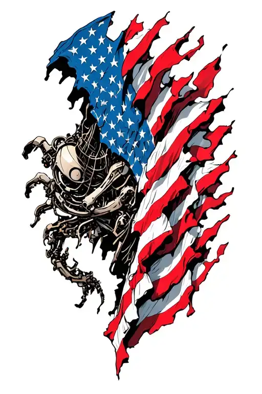 Biomechanical Being Ripped Apart To Show An American Flag Underneith
