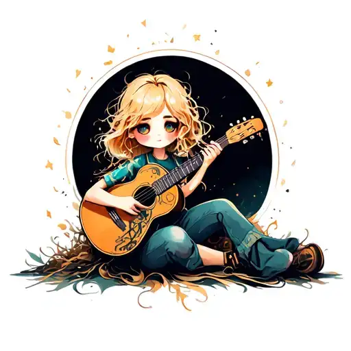 Blonde Chibi Girl With Messy Hair Playing Acoustic Guitar