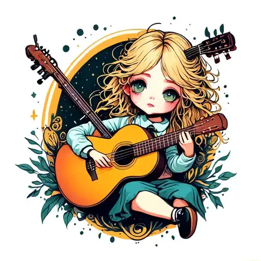 Blonde Chibi Girl With Messy Hair Playing Acoustic Guitar