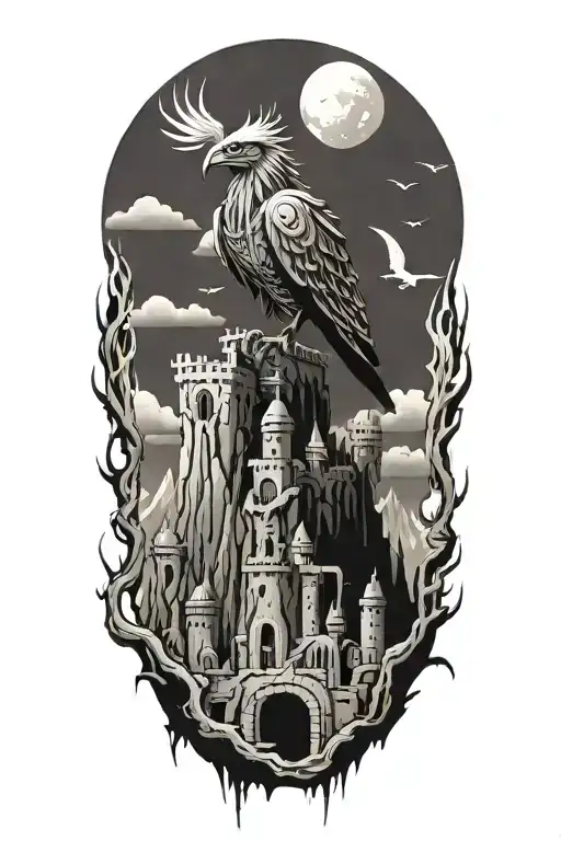 A Warhammer Inspired Tattoo Featuring A Mythical Bird Perched Atop A Mountain Fortress