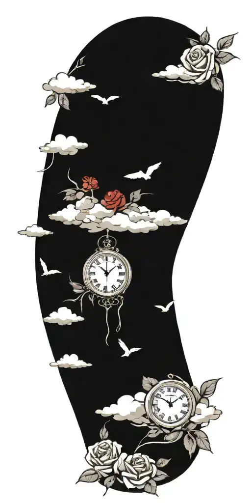 Clouds With Roses And Clock With Footprint