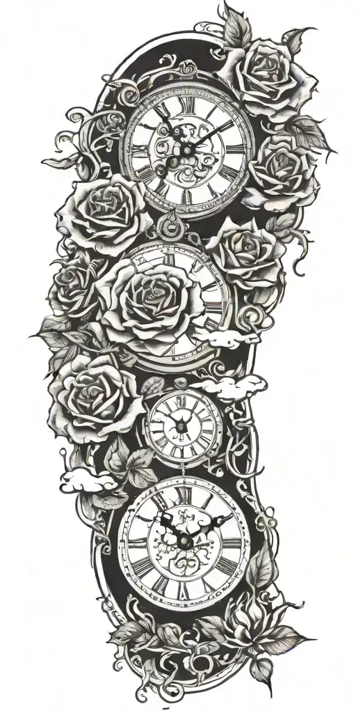 Clouds With Roses And Clock With Footprint