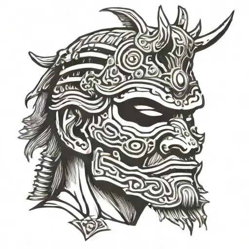 Closeup Samurai In Mask Holding Head Of Enemy