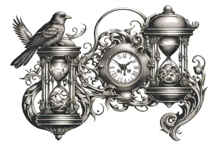 Hourglass Clock Birds Stairs