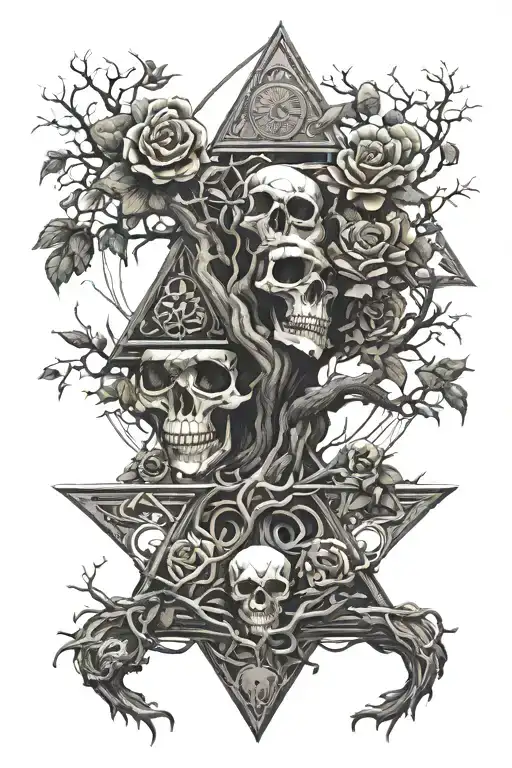 Tree Of Life Intertwined Pyramid With Eye And Dragon Roses Skulls
