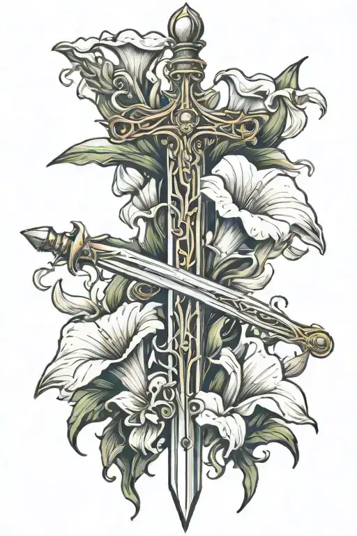 Sword Facing Down With Calla Lillies Wrapped S H Calligraphy