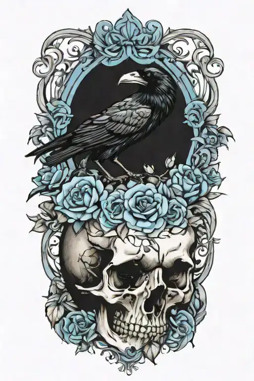 Raven On Skull With Blue Roses