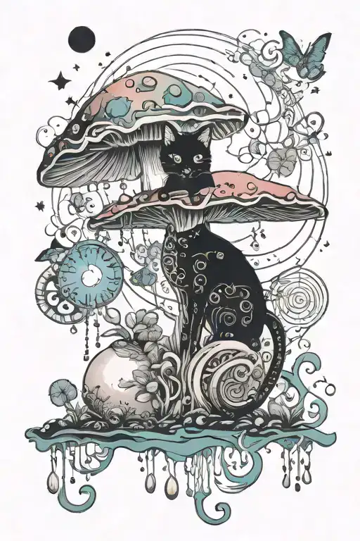Melting Colorful Mushroom Black Cat With Moon