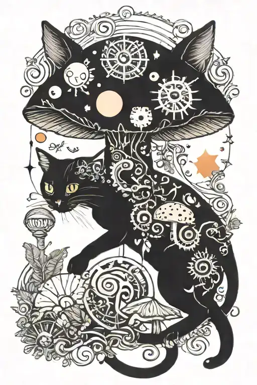 Colorful Mushroom Black Cat With Sun And Moon
