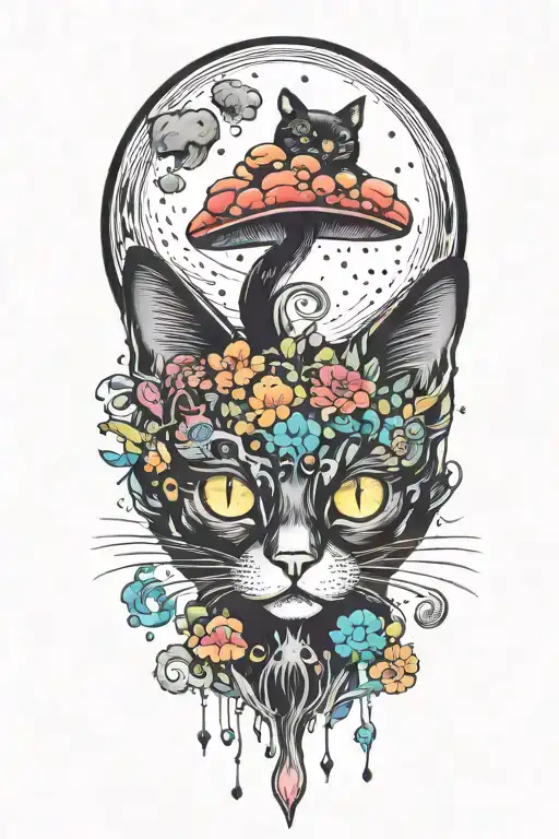 Black Cat With 3 Eye Balls And Trippy Colorful Mushrooms With Moon Melting