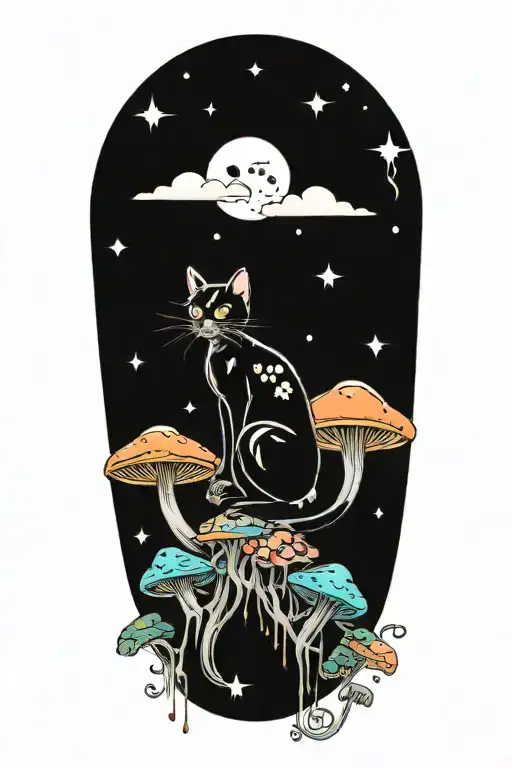 Black Cat With Colorful Mushrooms And Crescent Moon And Clouds And Stars Melting