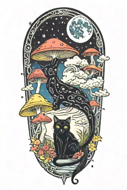 Black Cat With Colorful Mushrooms And Crescent Moon And Clouds And Stars Melting