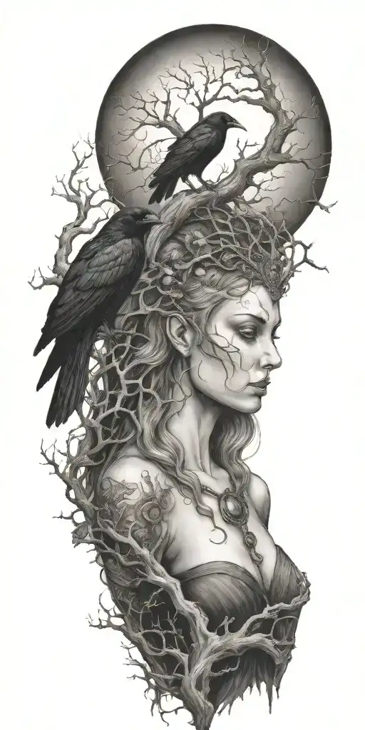 The Morrigan Irish Goddess With Crows An Old Oak Tree Growing And Bright Moonlight