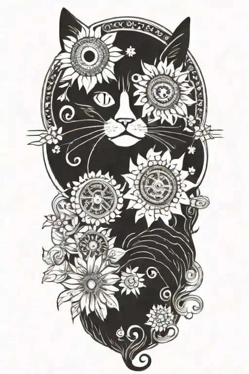 Black Hippie Cat With Trippy Flowers And Sun With Peace Sign