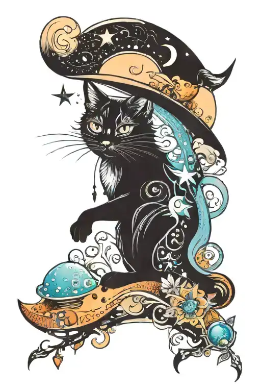 Witch Cat With Moon And Stars And Colorful Mushrooms Trippy