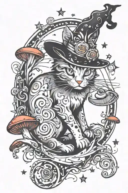 Witch Cat With Moon And Stars And Colorful Mushrooms Trippy