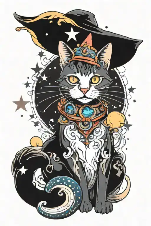 Witch Cat With Moon And Stars And Colorful Mushrooms Trippy