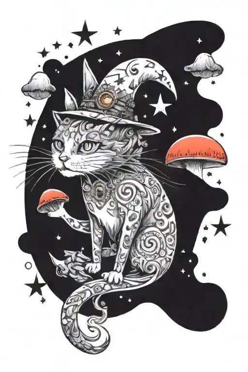 Witch Cat With Moon And Stars And Colorful Mushrooms Trippy