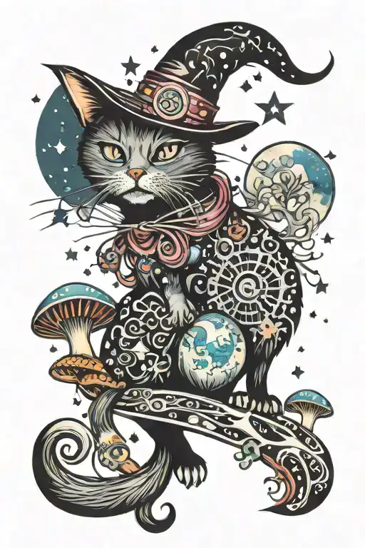 Witch Cat With Moon And Stars And Colorful Mushrooms Trippy