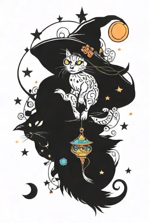 Witch Cat With Moon And Stars And Colorful Mushrooms Trippy