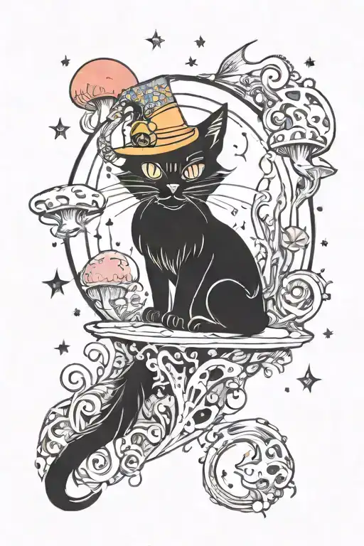 Witch Cat With Moon And Stars And Colorful Mushrooms Trippy