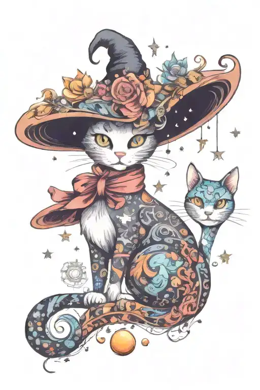 Witch Cat With Moon And Stars And Colorful Mushrooms Trippy