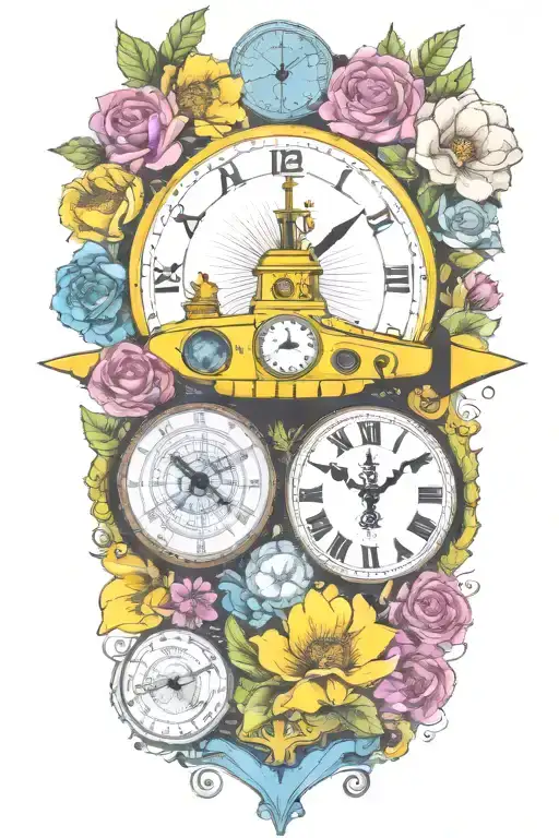 Yellow Submarine With Colorful Flowers And Clock And Rainbow