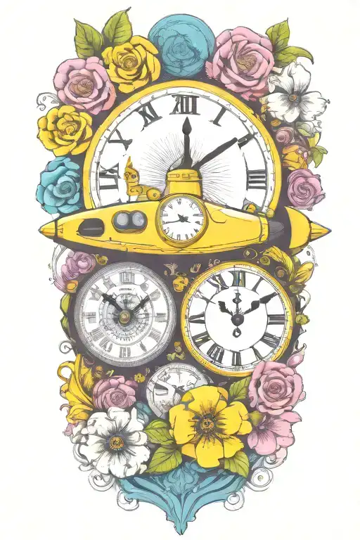 Yellow Submarine With Colorful Flowers And Clock And Rainbow