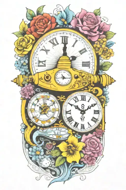Yellow Submarine With Colorful Flowers And Clock And Rainbow