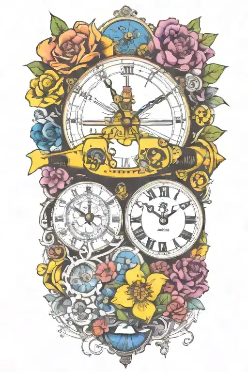 Yellow Submarine With Colorful Flowers And Clock And Rainbow