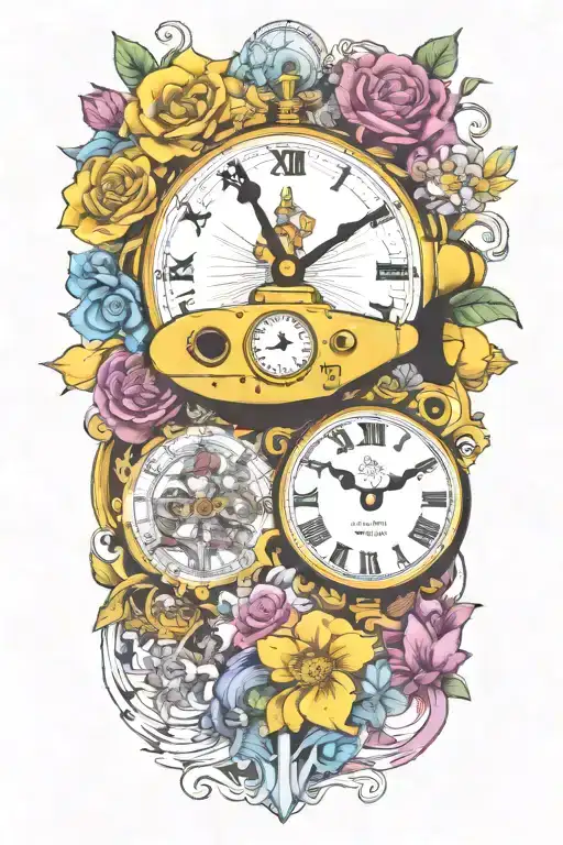 Yellow Submarine With Colorful Flowers And Clock And Rainbow