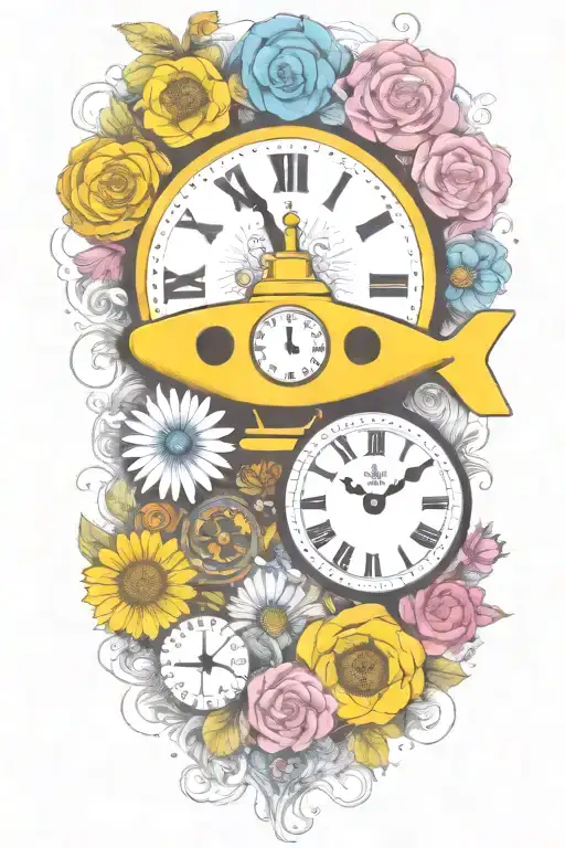 Yellow Submarine With Colorful Flowers And Clock And Rainbow