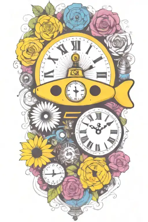 Yellow Submarine With Colorful Flowers And Clock And Rainbow