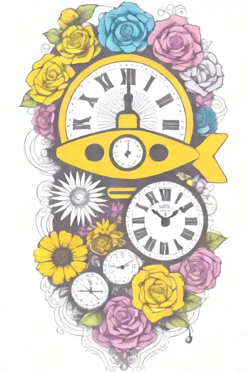 Yellow Submarine With Colorful Flowers And Clock And Rainbow