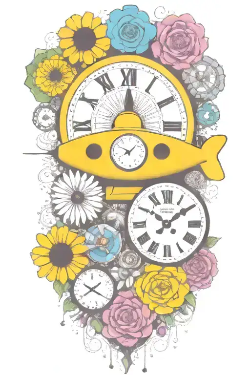 Yellow Submarine With Colorful Flowers And Clock And Rainbow