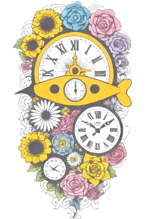 Yellow Submarine With Colorful Flowers And Clock And Rainbow